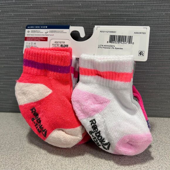 NEW Reebok Baby Series Girls' Ankle Socks (6-Pack) 6-12 Months Non-Slip Assorted - Picture 3 of 3